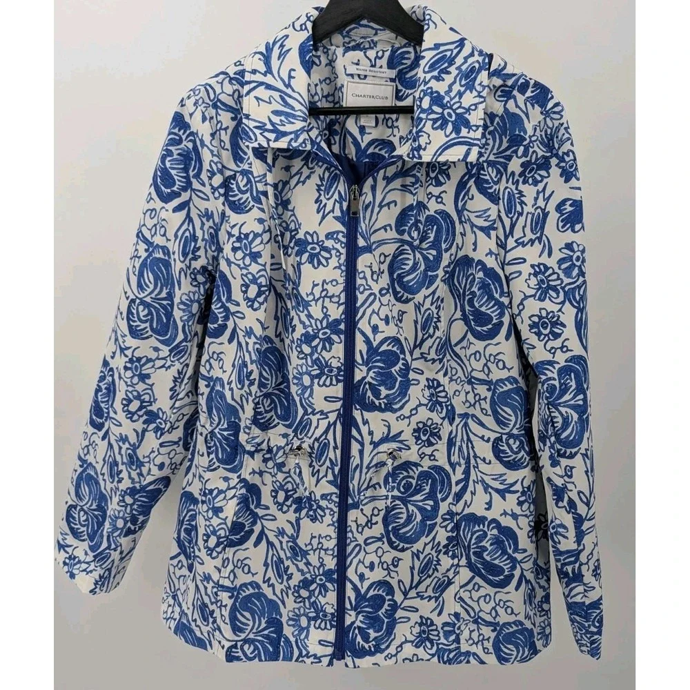 Charter Club Blue Floral Water Resistant Anorak Rain Coat Women's Size‎ M Hooded